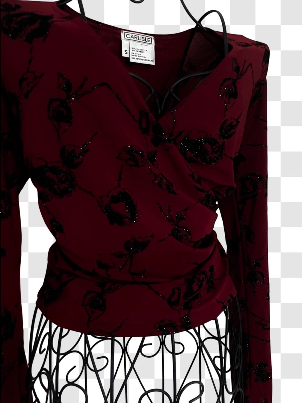 Carlisle Burgundy Velvet Burnout Wrap-Style Long Sleeve Top